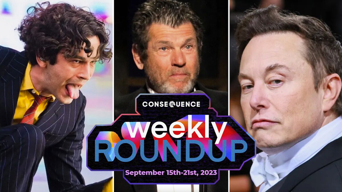 Matty Healy (photo by Ben Kaye), Jann Wenner (Jann Wenner, photo by Kevin Kane/WireImage), and Elon Musk (photo by Theo Wargo/WireImage) weekly roundup september 15-21st pop culture consequence news